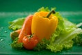 Vegetables - washed carrots, tomatoes, yellow bell pepper, lettuce leaves Royalty Free Stock Photo